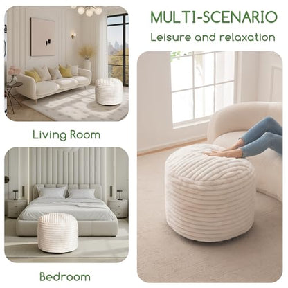 HIGOGOGO Round Stuffed Pouf Ottoman, Stripe Faux Fur Poufs with Foam Chunk Filling, Furry and Fluffy Pouf Foot Stool Storage Ottoman, 20 X 15 Floor Poufs Foot Rest for Living Room, Beige