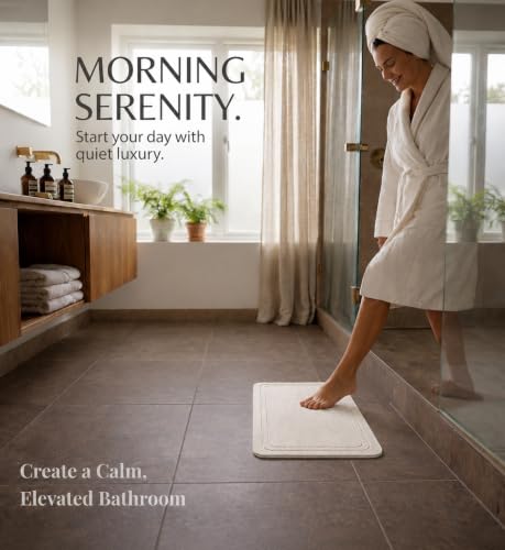 Stone Bath Mat – Diatomaceous Earth Quick Drying Non-Slip Bathroom Mat – Absorbent Diatomite Shower Mat, Durable & Easy to Clean, Modern, 23.6" x 15.3", (White - Linea)