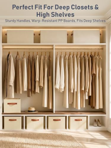 6 Pack Large Closet Storage Baskets Bins for Shelves, Collapsible Fabric Closet Organizers and Storage with Polyester Handles, Decorative Baskets for Organizing Clothes, Towels, Linen Closet 14"x10"