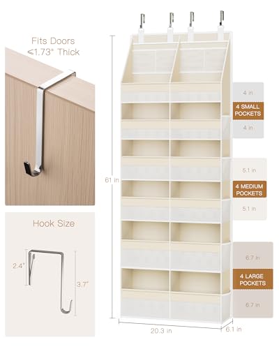 Over the Door Organizer, Extra Large 12 Compartments Closet Hanging Storage with 14 Mesh Pockets, 85lbs Capacity Behind the Door Storage for Baby Nursery, Bathroom, Bedroom, and Dorm, Beige