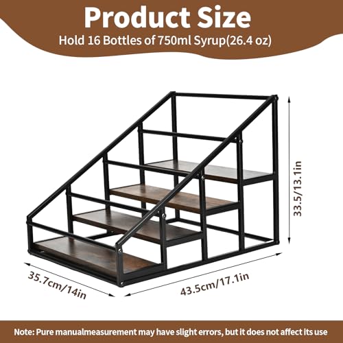4-Tier Coffee Syrup Organizer, 16-Bottle Rack, Rustic Brown | Holds up to 16 bottles with stepped visibility; rustic wood and metal design for syrups, kitchens, and home coffee bars.