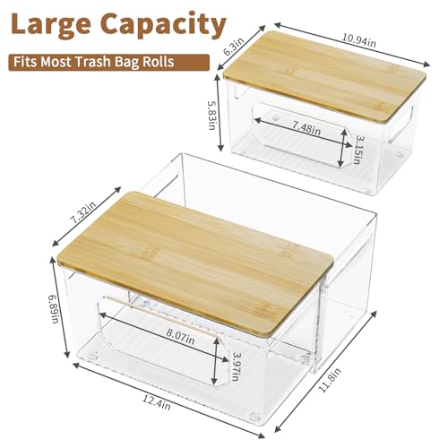 spospo Trash Bag Holder 3-in-1 Under Sink Organizer with Bamboo Lid | Acrylic Trash Bag Dispenser with Pull-Out Basket for Cleaning Supplies, Garbage Bag Holder for Kitchen Laundry Room Storage