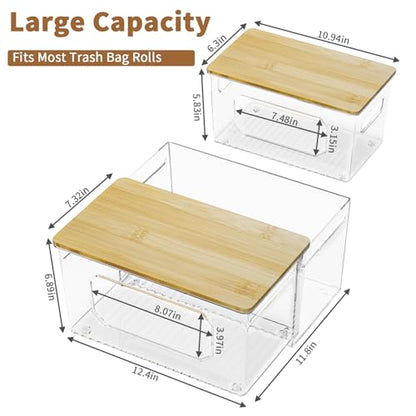 spospo Trash Bag Holder 3-in-1 Under Sink Organizer with Bamboo Lid | Acrylic Trash Bag Dispenser with Pull-Out Basket for Cleaning Supplies, Garbage Bag Holder for Kitchen Laundry Room Storage