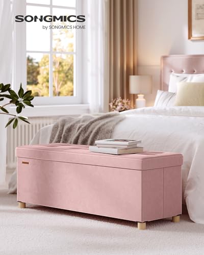SONGMICS Storage Ottoman Bench, Folding Storage Chest, 15 x 43.3 x 15.7 Inches, Foot Rest Stool, 30 Gal. (112 L), Velvet Surface, for Bedroom, Entryway, Living Room, Jelly Pink ULSF0518R02