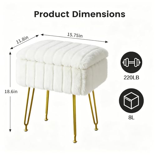 FUXA Vanity Stool Chair with Storage, Faux Fur and Metal Legs, White | Soft Padded Seat, Anti-Slip Adjustable Feet, Modern Style, Multifunctional for Bedroom and Entryway