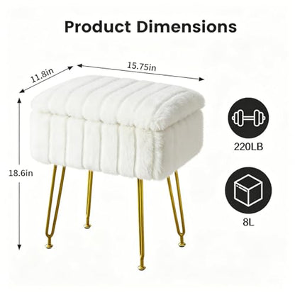 FUXA Vanity Stool Chair with Storage, Faux Fur and Metal Legs, White | Soft Padded Seat, Anti-Slip Adjustable Feet, Modern Style, Multifunctional for Bedroom and Entryway