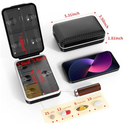 Restree Weekly Pill Organizer 8 Compartment, [Triple Seal Magnetic Lock] Travel Pill Case with Labels & Inner Lid, Moisture Proof for Vitamins, Fish Oil, Supplements, Daily Meds – 7+1 Large (Black)