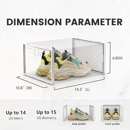XXL 12 Pack Shoe Storage Box Clear Plastic Stackable Shoe Organizer | Large Capacity for Size 14, 6.8” Height for High Shoes, Ventilation Holes, Sneaker Storage for Sneakerheads, Closet Entryway