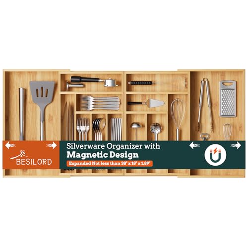 Silverware Organizer Large, Magnetic Connected Expandable 13 Slots Silverware Drawer Organizer From 21 to 37.4 Inches, Adjustable Flatware and Cutlery Holder, Bamboo Utensil Tray for Kitchen Natural