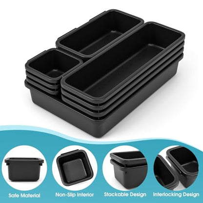 StoreHappily 10 PCS Drawer Organizer Set, 4 Size Makeup Drawer Divider Organizer With Non-Slip Pads, Interlocking Plastic Storage Bins for Office,Jewelry Vanity,Gadgets, Bathroom,Kitchen, Black