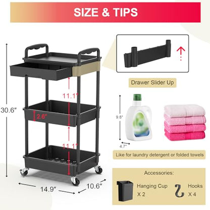 Goovilla 3 Tier Rolling Utility Cart Organizer with Removable Drawer, Black | Stable and Sturdy Rolling Storage Carts with 2 Lockable Wheels for Bathroom, Kitchen, Snack, Craft, Makeup, Baby Essentials