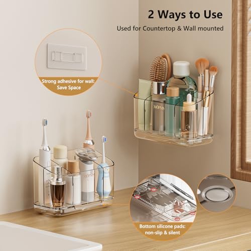 MOPMS Toothbrush Holders for Bathrooms with 5 Slots Adjustable Dividers | Electric Tooth Brush and Toothpaste Holder with Drain Tray for Easy Clean, Wall Mounted & Countertop Organizer for Shower