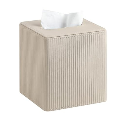PU Leather Square Tissue Box Cover Tissue Box Holder Cube (Beige) | Magnetic Bottom, Soft Velvet Lining, Decorative Modern Design, Aesthetic Stripes, For Bathroom