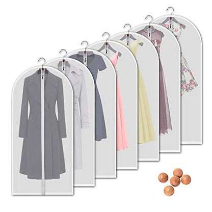 Hanging Garment Bags 7 Piece Set - 60 Inch Translucent Dust Proof Clothes Bag White Breathable Full Zipper Dust Cover for Suit Dance Costumes Gown Dress.
