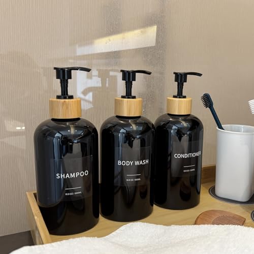 Shampoo and Conditioner Dispenser, Refillable Plastic Shampoo Pump Bottles with Waterproof Labels, Empty Body Wash Dispenser Set for Bathroom Shower, Black, Set of 3, 16.9oz