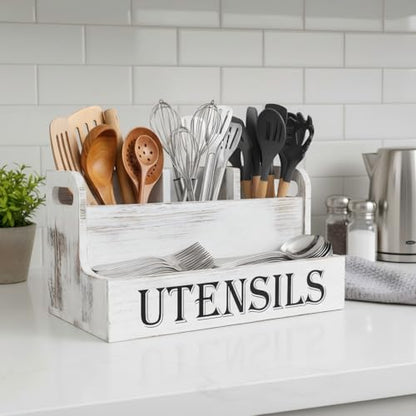 Extra Large Kitchen Utensils Holder, 2 Tier, 4 Compartments | Wooden Utensil Organizer for Kitchen Countertop, Spacesaving, Farmhouse Decor, Large Capacity, White Grain