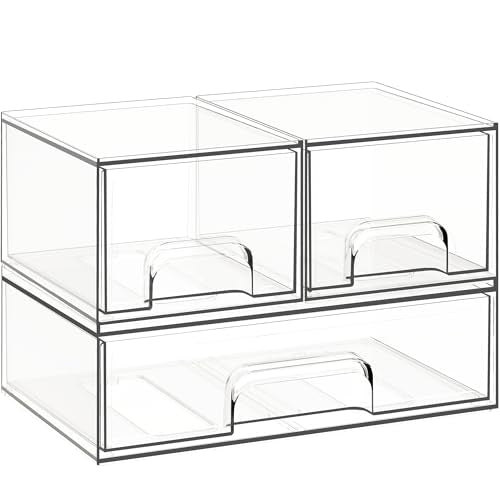 Stackable Storage Drawers, 3 Pack Clear Acrylic Makeup & Bathroom Organizer, Versatile Storage Bins for Vanity, Under Sink, Kitchen Cabinets & Pantry