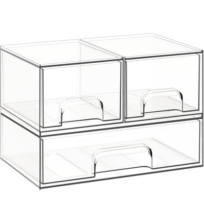 Stackable Storage Drawers, 3 Pack Clear Acrylic Makeup & Bathroom Organizer, Versatile Storage Bins for Vanity, Under Sink, Kitchen Cabinets & Pantry