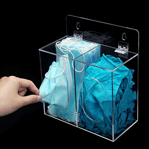 MyGift Premium Clear Acrylic Personal Face Mask Storage Box, Wall Mounted Disposable Glove Dispenser Container with 2 Compartments