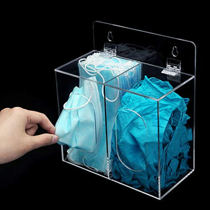 MyGift Premium Clear Acrylic Personal Face Mask Storage Box, Wall Mounted Disposable Glove Dispenser Container with 2 Compartments