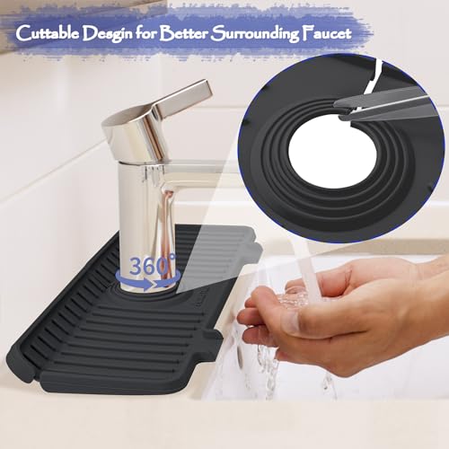 Kitchen Sink Splash Guard, 10° Large Slope & Adaptable Hole Faucet Mat for Kitchen Sink, Silicone Sink Organizer Sponge Holder for Kitchen, Bathroom, RV, Bar, 14.2” x 5.1”, Black