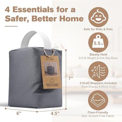 Weighted Door Stopper 5.5 lb - Heavy Duty Fabric Door Weight with Handle, Non-Slip Floor Safe Door Stop for Home, Office, Bedroom & Classroom, Includes 2 Bonus Draft Seal Strips