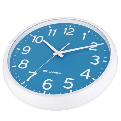 Caysie 16 Inch Sealed Large Outdoor Clock Waterproof, Silent Battery Operated Weatherproof Wall Clocks for Pool Patio Outside Home (White Blue)
