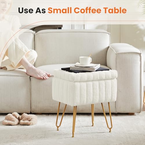 Sweetcrispy Vanity Stool Chair with Storage, Ottoman Faux Fur Soft Padded Makeup Footstools Seat with 4 Metal Legs Anti-Slip Adjustable Feet Modern Cute Small Footrest for Home Entryway Bedroom White