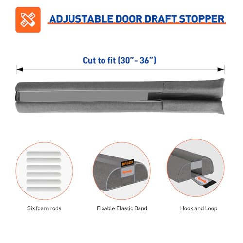 MAGZO Under Door Draft Stopper, 36 Inch Adjustable Door Gap Filler, Gray | Dual-Sided Soundproof Door Sweep for Blocking Noise Cold Air, Smoke, Dust & Light – Easy Install, Energy Saving, Washable