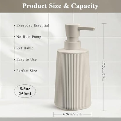 Beige 2 Pack Hand Soap Dispensers Set | with No Rust Pump for Bathroom and Kitchen Countertops Refillable Matte Striped Plastic 8.5 oz