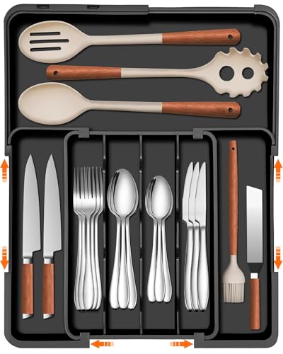 Silverware Organizer - Expandable Kitchen Drawer O... (Black | Polypropylene)