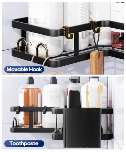 3 Pack Corner Shower Shelves, Rustproof Shower Organizer Caddy | No Drilling Shower Organizer Corner Exclusively for 90 Degree Right-Angle Walls with Hooks and Toothpaste Holder, Black