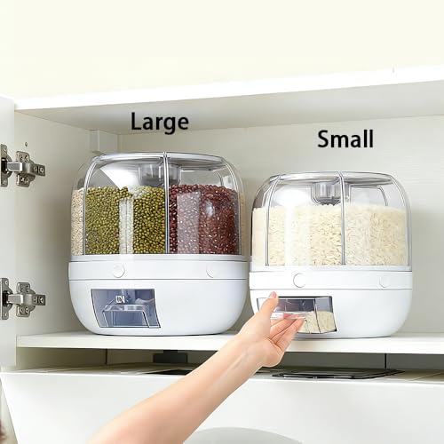 Rotating Grain Storage Bin 6 Grids Rice Container One-Click Output Large Capacity Food Dispenser For Rice Grains Sealed Moisture Proof Organizer (Grey) (Small)