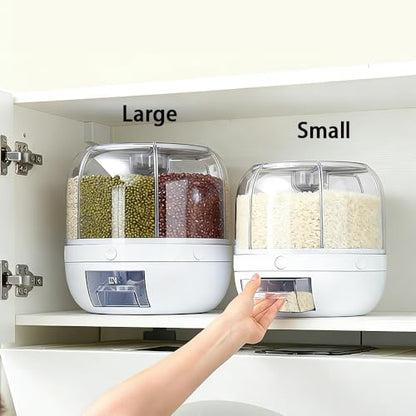Rotating Grain Storage Bin 6 Grids Rice Container One-Click Output Large Capacity Food Dispenser For Rice Grains Sealed Moisture Proof Organizer (Grey) (Small)
