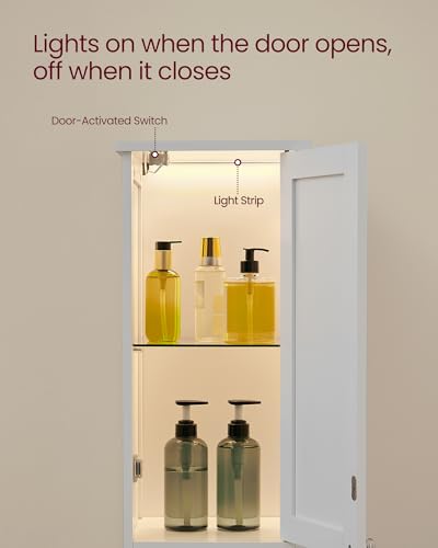 Tall Storage Cabinet with Lights, Slim Freestandin... (Cloud White | Engineered Wood)