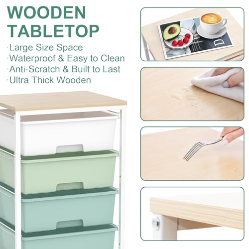 Rolling Cart with Drawers, 4-Drawer Utility Cart, Green | Rolling Storage Cart with Drawers, Storage Rolling Drawer Cart with Wooden Tabletop for Bedroom, Dorm, Classroom, Office