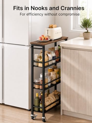Pipishell Slim Storage Cart with Wheels - 4 Tier Rolling Kitchen Storage Cart with Handle and Wood Top, Metal Slim Bathroom Cart for Laundry Room, Bathroom, Kitchen, Narrow Space, Black & Rustic Brown