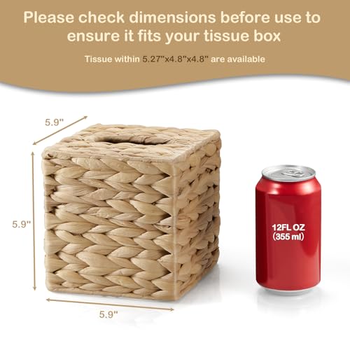 Tissue Box Cover Square, Water Hyacinth Hand-Woven Tissues Cube Box Holder, Woven Facial Tissue Holder for Bathroom Counter, Vanity, Bedroom, Office, Natural Boho Decorative