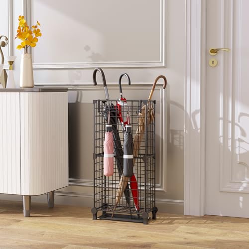 AWTATOS Umbrella Holder Entryway, Umbrella Stand Freestanding, Black | Metal Square Umbrella Rack Organizer with a Removable Drip Tray, Hooks