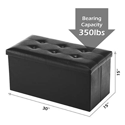 Youdesure 30" Ottoman with Storage, Folding Faux Leather Bench, Black | Foldable ottoman with hidden storage, padded seat and sturdy MDF frame for everyday use.