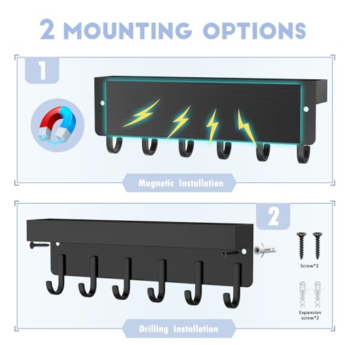 Magnetic Key Holder, Wall Mount Key Rack with Shelf, 9.65 in, Black | Metal Material, Small Size, 6 Metal Hooks, 2 Installation Ways, for Fridge, Entryway, Kitchen, Bathroom, Garage, RV, Office