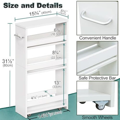Slim Rolling Storage Cart, 4 Tier Utility Cart with Wheels, White | Laundry Room Organization, 5.5" Wide, Wood Kitchen Cart with Handle, Trolley for Kitchen Bathroom Narrow Place Small Corner
