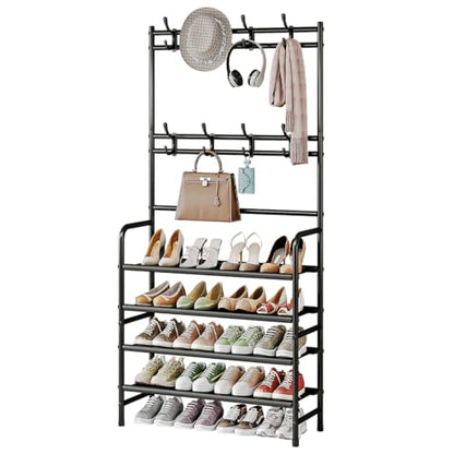 Coat Rack Shoe Rack With Storage Hooks Standing Organizer 4 Tier | Metal Freestanding Hall Tree for Clothes Hats bag Scarves Space Saving Design for Entryway Bedroom living Closet Office,Black