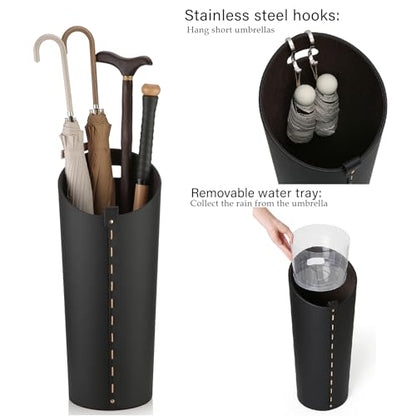 Black Umbrella Holer for Entryway with Drip Tray and 2 Steel Hooks Leahter Tall 22.44 Inches Umbrella Stand Rack Indoor Can Store 10 Golf Umbrellas or Crutches Toy Swords etc