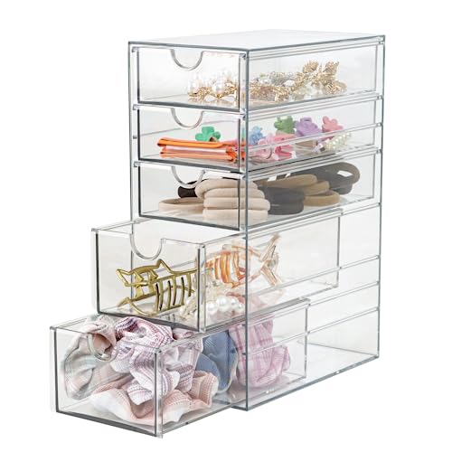 Plastic Drawer Storage with 5 Different Sizes Drawers, Clear Light Gray Hair Accessories Organizer, Transparent Dresser Bathroom Organizer