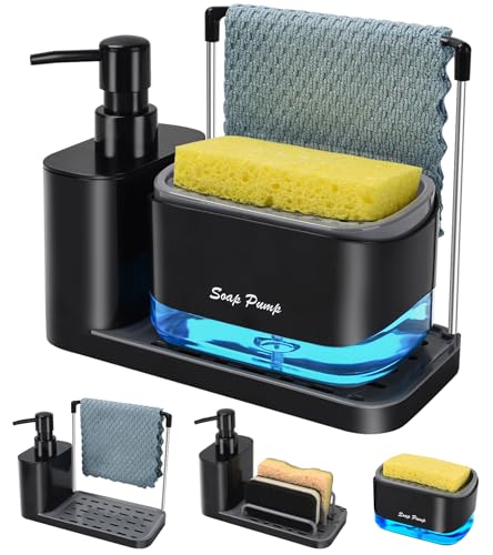 Hand and Dish Soap Dispenser Set with Tray, Dual S... (Black | Plastic)