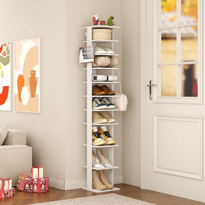 HOMEFORT 10-Tier Vertical Shoe Rack, Corner Shoe Tower, Slim Shoe Organizer with Two Hanging Hooks, Wooden Shoe Storage Stand for Entryway, Hallway, Closet (White)