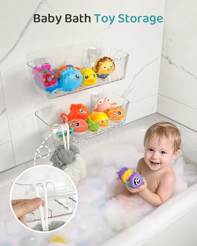 Bath Toy Storage Organizer 2 Pack, Bath Toy Holder with Drain Holes | Durable Plastic Bathtub Toy Storage for Bathroom, Quick-Dry Drainable Shower Caddy, Easy to Clean and Install
