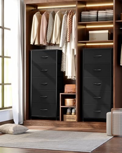 Tall Dresser Vertical Fabric Storage Tower Organizer, 5 Drawers(Black) | Sturdy Steel Frame, Wood Top and Easy Pull Handle, Space-saving Organizer for Clothes, Bedroom, Hallway, Entryway, Closets