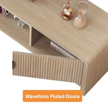 TV Stand for TVs up to 75/65/55 Inch, Wood Entertainment Center with Storage, Farmhouse Waveform Fluted-Door Television Media Console for Living Room, Bedroom (63 Inch W, Light Walnut)